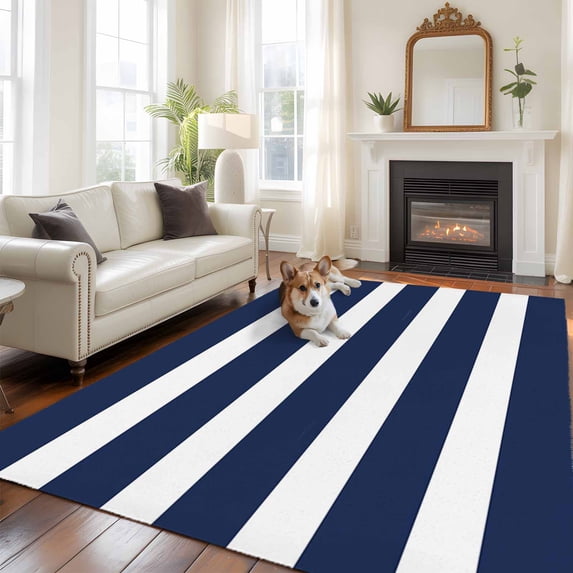 5'x8' Area Rugs, Navy Blue Stripe Indoor Outdoor Area Rug for Living Room Bedroom, Modern Simple Geometric White Striped Washable Bathroom Rugs Kitchen Floor Carpet Mats Home Decor Aesthetic