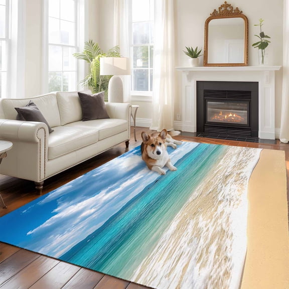 5'x8' Area Rugs, Ocean Beach Indoor Outdoor Area Rug for Living Room Bedroom, Blue Sky Waves Sand Horizon Shore Summer Washable Bathroom Rugs Kitchen Floor Carpet Mats Home Decor Aesthetic