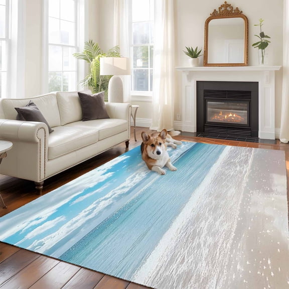 5'x8' Area Rugs, Ocean Beach Indoor Outdoor Area Rug for Living Room Bedroom, Natural Blue Sea Waves Sky Scenery Washable Bathroom Rugs Kitchen Floor Carpet Mats Home Decor Aesthetic
