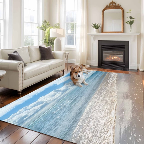 5'x8' Area Rugs, Ocean Beach Indoor Outdoor Area Rug for Living Room Bedroom, Summer Nature Blue Sea Waves Sky Washable Bathroom Rugs Kitchen Floor Carpet Mats Home Decor Aesthetic