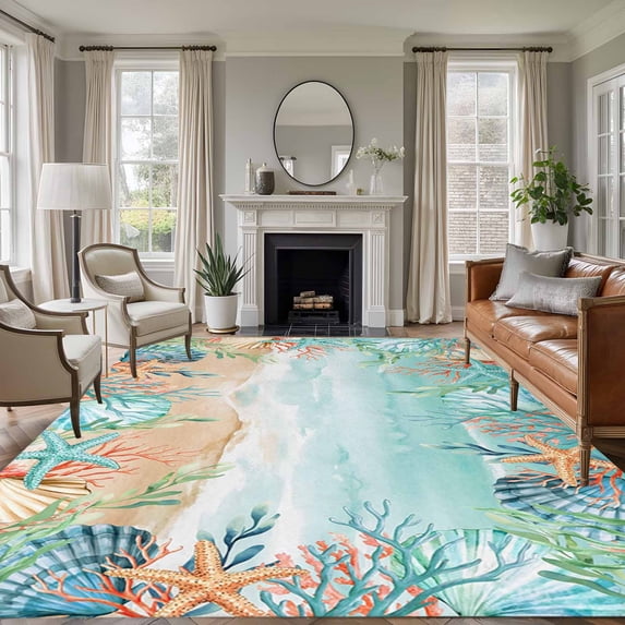 5'x8' Area Rugs, Ocean Coastal Indoor Outdoor Area Rug for Living Room Bedroom, Summer Nautical Beach Coral Starfish Washable Bathroom Rugs Kitchen Floor Carpet Mats Home Decor Aesthetic