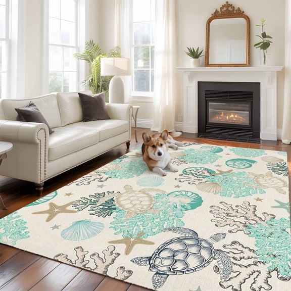 5'x8' Area Rugs, Ocean Coastal Indoor Outdoor Area Rug for Living Room Bedroom, Vintage Sea Turtle Coral Shell Starfish Washable Bathroom Rugs Kitchen Floor Carpet Mats Home Decor Aesthetic