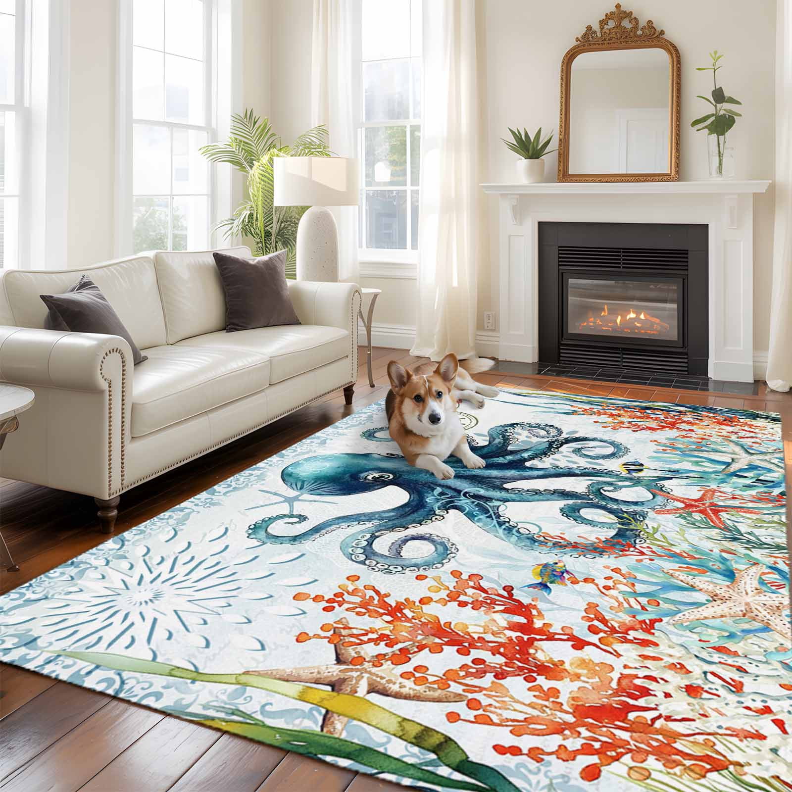5'x8' Area Rugs, Octopus Coastal Indoor Outdoor Area Rug for Living Room Bedroom, Summer Beach Ocean Coral Starfish Washable Bathroom Rugs Kitchen Floor Carpet Mats Home Decor Aesthetic