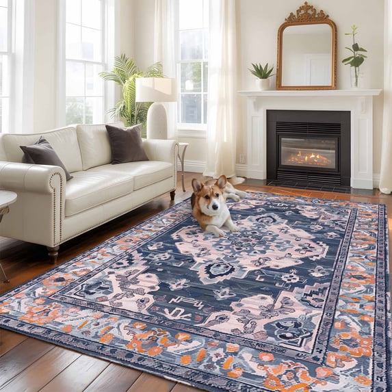 5'x8' Area Rugs, Orange Blue Boho Indoor Outdoor Area Rug for Living Room Bedroom, Ethnic Geometric Middle Century Art Washable Bathroom Rugs Kitchen Floor Carpet Mats Home Decor Aesthetic