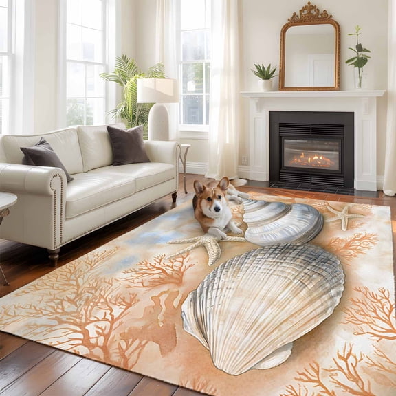 5'x8' Area Rugs, Orange Coastal Indoor Outdoor Area Rug for Living Room Bedroom, Summer Beach Starfish Shell Nautical Washable Bathroom Rugs Kitchen Floor Carpet Mats Home Decor Aesthetic