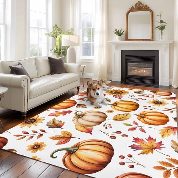 5'x8' Area Rugs, Orange Fall Indoor Outdoor Area Rug for Living Room Bedroom, Thanksgiving Pumpkins Sunflower Botanical Washable Bathroom Rugs Kitchen Floor Carpet Mats Home Decor Aesthetic