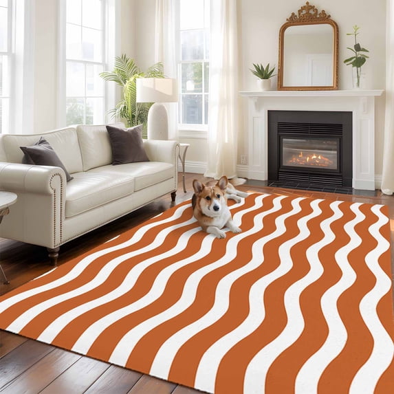 5'x8' Area Rugs, Orange White Indoor Outdoor Area Rug for Living Room Bedroom, Modern Abstract Waves Water Ripple Striped Washable Bathroom Rugs Kitchen Floor Carpet Mats Home Decor Aesthetic