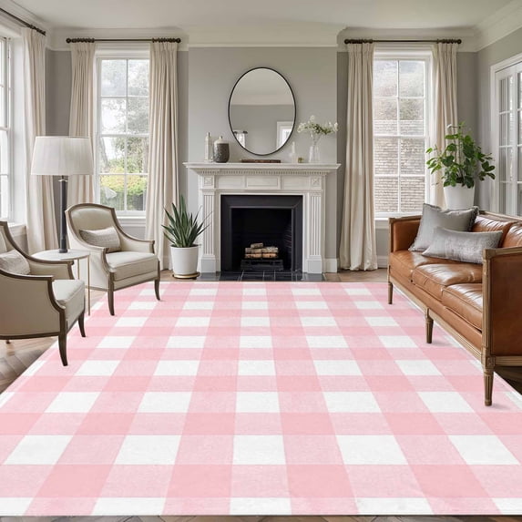5'x8' Area Rugs, Pink Buffalo Plaid Indoor Outdoor Area Rug for Living Room Bedroom, Farmhouse Pink White Checkered Washable Bathroom Rugs Kitchen Floor Carpet Mats Home Decor Aesthetic