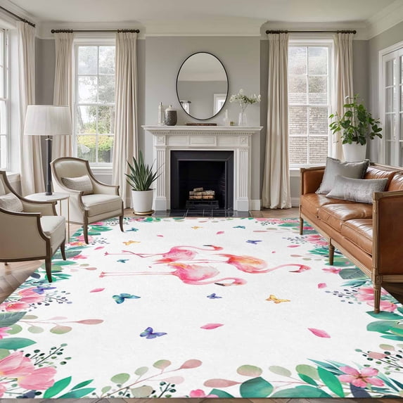 5'x8' Area Rugs, Pink Flamingo Indoor Outdoor Area Rug for Living Room Bedroom, Tropical Botanical Summer Butterfly Flower Washable Bathroom Rugs Kitchen Floor Carpet Mats Home Decor Aesthetic
