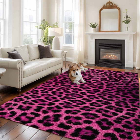 5'x8' Area Rugs, Pink Leopard Print Indoor Outdoor Area Rug for Living Room Bedroom, Retro Chic Abstract Animals Texture Washable Bathroom Rugs Kitchen Floor Carpet Mats Home Decor Aesthetic