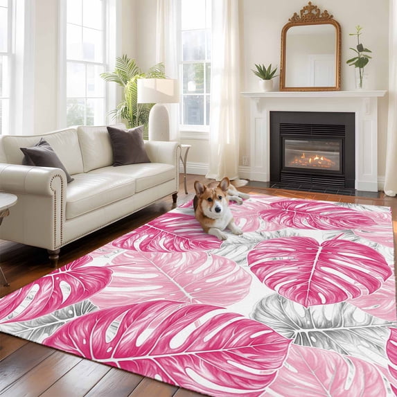 5'x8' Area Rugs, Pink Palm Leaf Indoor Outdoor Area Rug for Living Room Bedroom, Tropical Vintage Grey Summer Plant Washable Bathroom Rugs Kitchen Floor Carpet Mats Home Decor Aesthetic