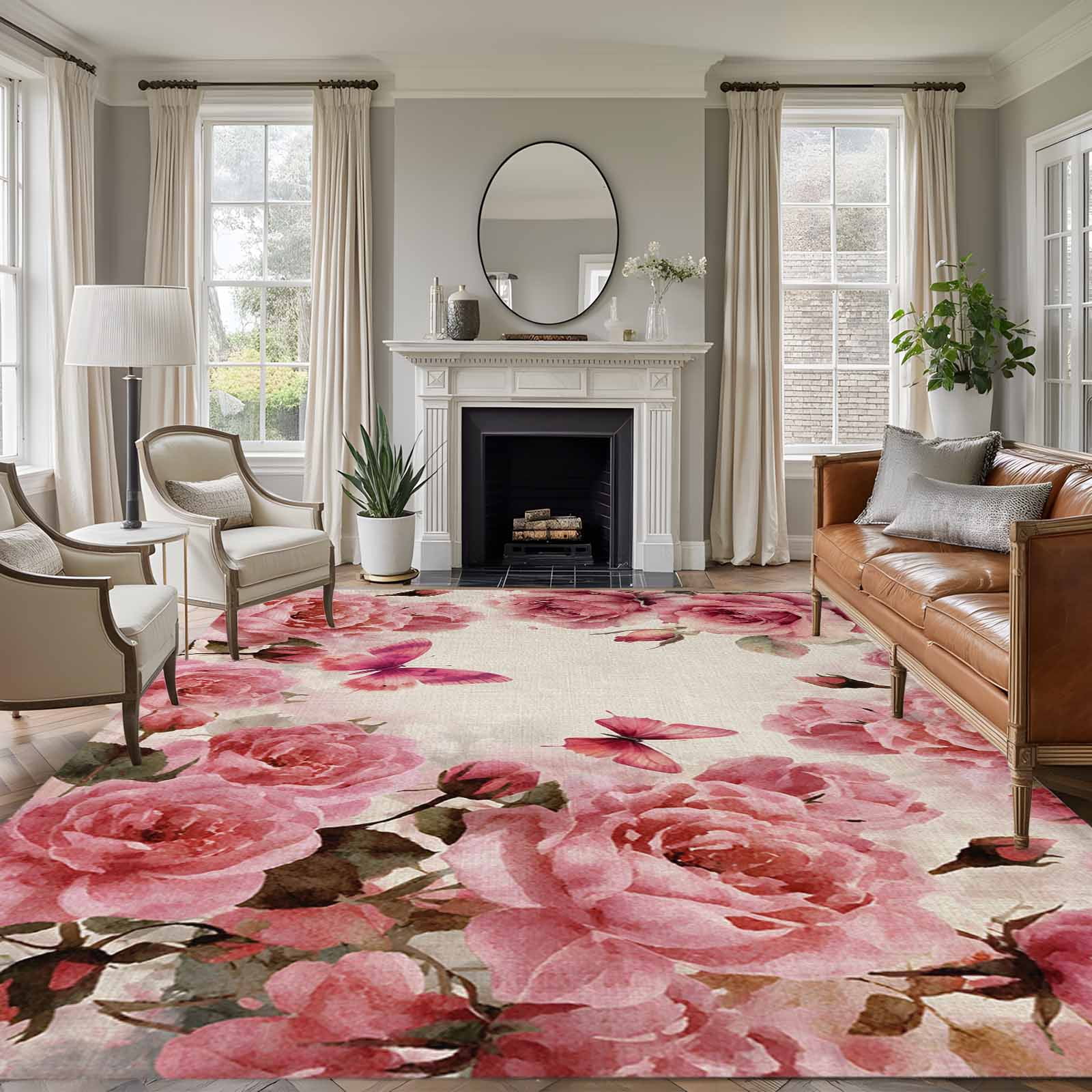5'x8' Area Rugs, Pink Roses Indoor Outdoor Area Rug for Living Room ...