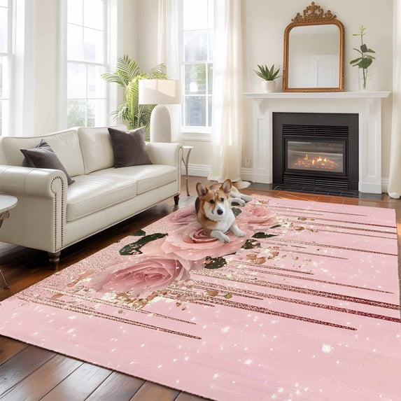 5'x8' Area Rugs, Pink Roses Romantic Indoor Outdoor Area Rug for Living Room Bedroom, Watercolor Botanical Floral Washable Bathroom Rugs Kitchen Floor Carpet Mats Home Decor Aesthetic