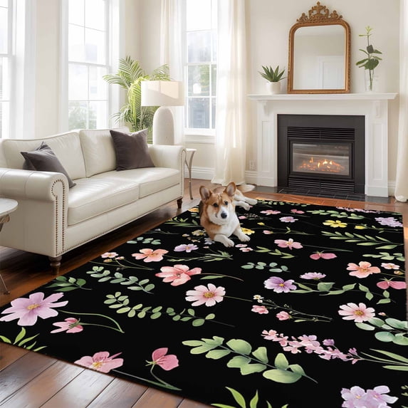 5'x8' Area Rugs, Pink Spring Floral Indoor Outdoor Area Rug for Living Room Bedroom, Flowers Botanical Elegant Pastoral Black Washable Bathroom Rugs Kitchen Floor Carpet Mats Home Decor Aesthetic