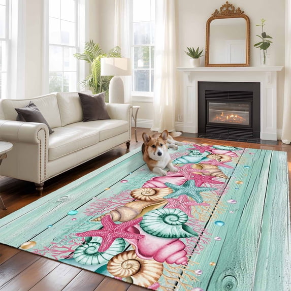5'x8' Area Rugs, Pink Starfish Ocean Indoor Outdoor Area Rug for Living Room Bedroom, Coastal Conch Green Wood Plank Farm Washable Bathroom Rugs Kitchen Floor Carpet Mats Home Decor Aesthetic