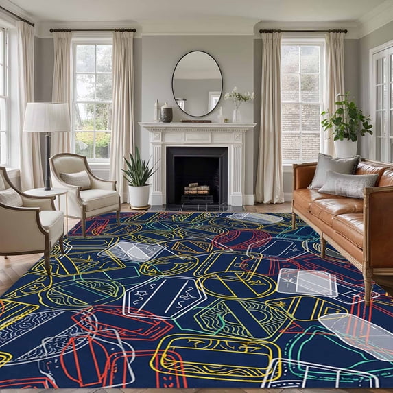 5'x8' Area Rugs, Postmarks Indoor Outdoor Area Rug for Living Room Bedroom, Navy Blue Retro Hand-Painted Abstract Art Washable Bathroom Rugs Kitchen Floor Carpet Mats Home Decor Aesthetic