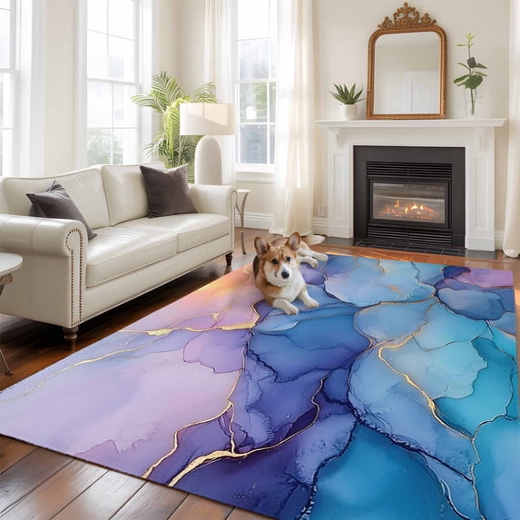 5'x8' Area Rugs, Purple Blue Indoor Outdoor Area Rug for Living Room Bedroom, Modern Pink Gold Marble Textured Washable Bathroom Rugs Kitchen Floor Carpet Mats Home Decor Aesthetic
