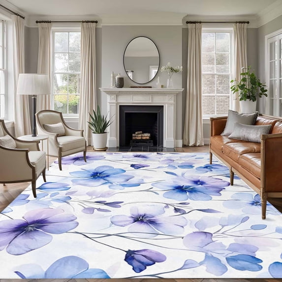 5'x8' Area Rugs, Purple Blue Spring Floral Indoor Outdoor Area Rug for Living Room Bedroom, Summer Flowers Botanical Washable Bathroom Rugs Kitchen Floor Carpet Mats Home Decor Aesthetic