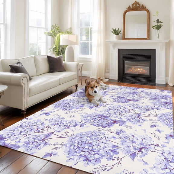 5'x8' Area Rugs, Purple Floral Indoor Outdoor Area Rug for Living Room Bedroom, Hydrangeas Flower Spring Summer Botanical Washable Bathroom Rugs Kitchen Floor Carpet Mats Home Decor Aesthetic