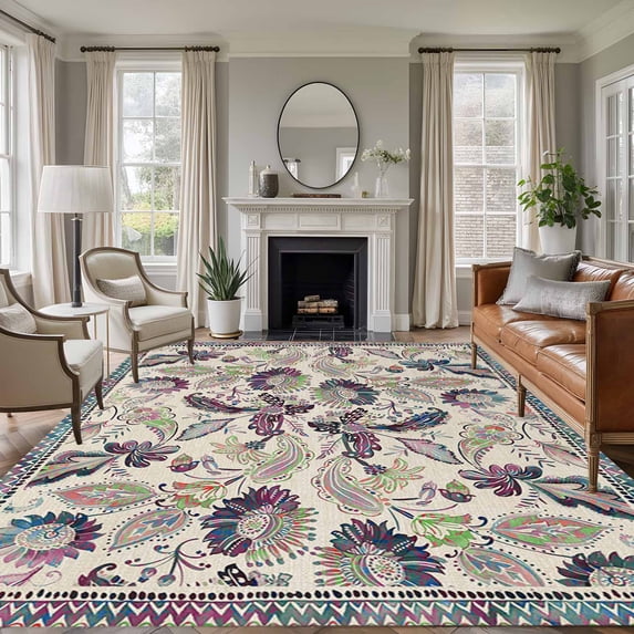 5'x8' Area Rugs, Purple Teal Ethnic Indoor Outdoor Area Rug for Living Room Bedroom, Boho Modern Geometric Abstract Art Washable Bathroom Rugs Kitchen Floor Carpet Mats Home Decor Aesthetic