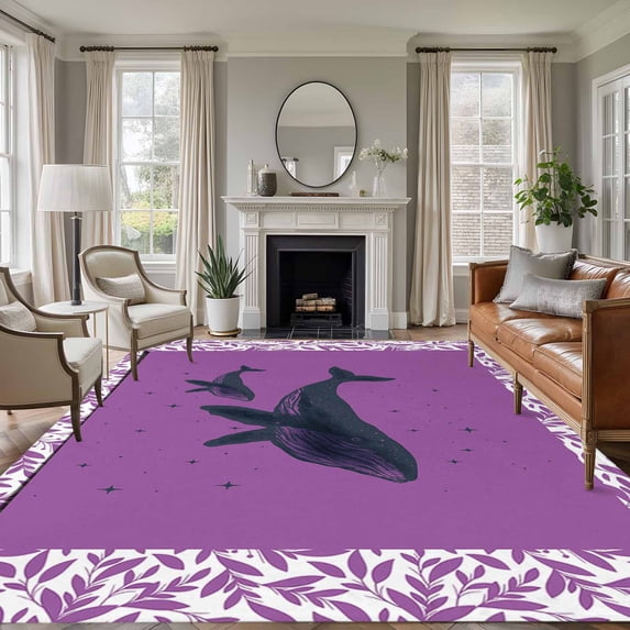 5'x8' Area Rugs, Purple Whale Indoor Outdoor Area Rug for Living Room Bedroom, Spring Botanical Purple Leaf Board Washable Bathroom Rugs Kitchen Floor Carpet Mats Home Decor Aesthetic