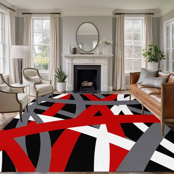 5'x8' Area Rugs, Red Black Geometric Indoor Outdoor Area Rug for Living Room Bedroom, Modern Art Abstract Grey Line Washable Bathroom Rugs Kitchen Floor Carpet Mats Home Decor Aesthetic
