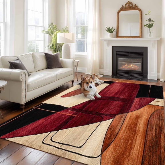 5'x8' Area Rugs, Red Burnt Orange Indoor Outdoor Area Rug for Living Room Bedroom, Geometric Boho Modern Abstract Washable Bathroom Rugs Kitchen Floor Carpet Mats Home Decor Aesthetic