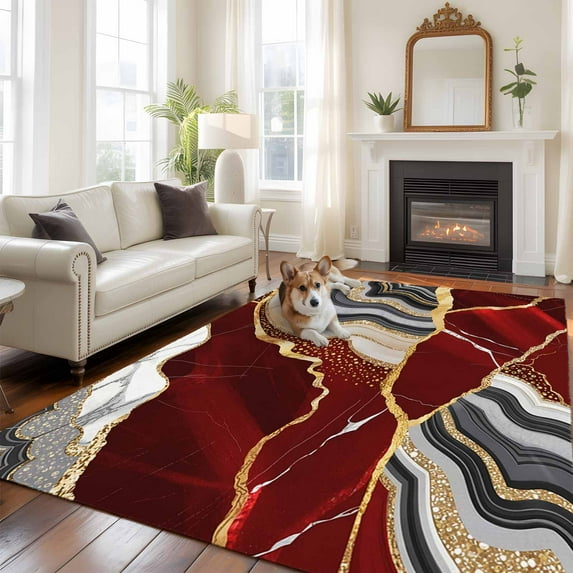 5'x8' Area Rugs, Red Marble Indoor Outdoor Area Rug for Living Room Bedroom, Grey Gold Texture Vintage Farmhouse Art Washable Bathroom Rugs Kitchen Floor Carpet Mats Home Decor Aesthetic