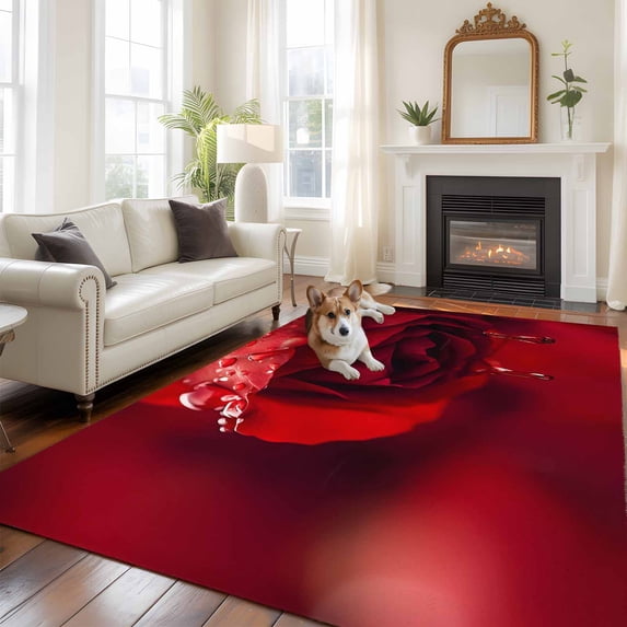 5'x8' Area Rugs, Red Rose Indoor Outdoor Area Rug for Living Room Bedroom, Elegance Fantasy Flowers Romantic Washable Bathroom Rugs Kitchen Floor Carpet Mats Home Decor Aesthetic