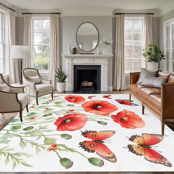 5'x8' Area Rugs, Red Spring Floral Indoor Outdoor Area Rug for Living Room Bedroom, Butterfly Botanical Summer Pastoral Washable Bathroom Rugs Kitchen Floor Carpet Mats Home Decor Aesthetic