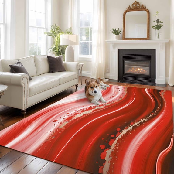 5'x8' Area Rugs, Red Waves Abstract Indoor Outdoor Area Rug for Living Room Bedroom, Ombre Fluid Water Ripple Striped Washable Bathroom Rugs Kitchen Floor Carpet Mats Home Decor Aesthetic
