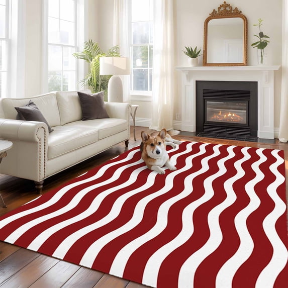 5'x8' Area Rugs, Red White Indoor Outdoor Area Rug for Living Room Bedroom, Modern Abstract Waves Water Ripple Striped Washable Bathroom Rugs Kitchen Floor Carpet Mats Home Decor Aesthetic