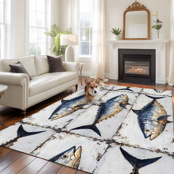 5'x8' Area Rugs, Retro Fish Coastal Indoor Outdoor Area Rug for Living Room Bedroom, Summer Beach Nautical Ocean Vintage Washable Bathroom Rugs Kitchen Floor Carpet Mats Home Decor Aesthetic