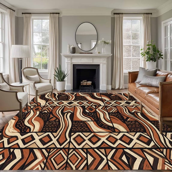 5'x8' Area Rugs, Retro Tribal Indoor Outdoor Area Rug for Living Room Bedroom, Middle Century Bohemia Minimalist Art Red Brown Washable Bathroom Rugs Kitchen Floor Carpet Mats Home Decor Aesthetic