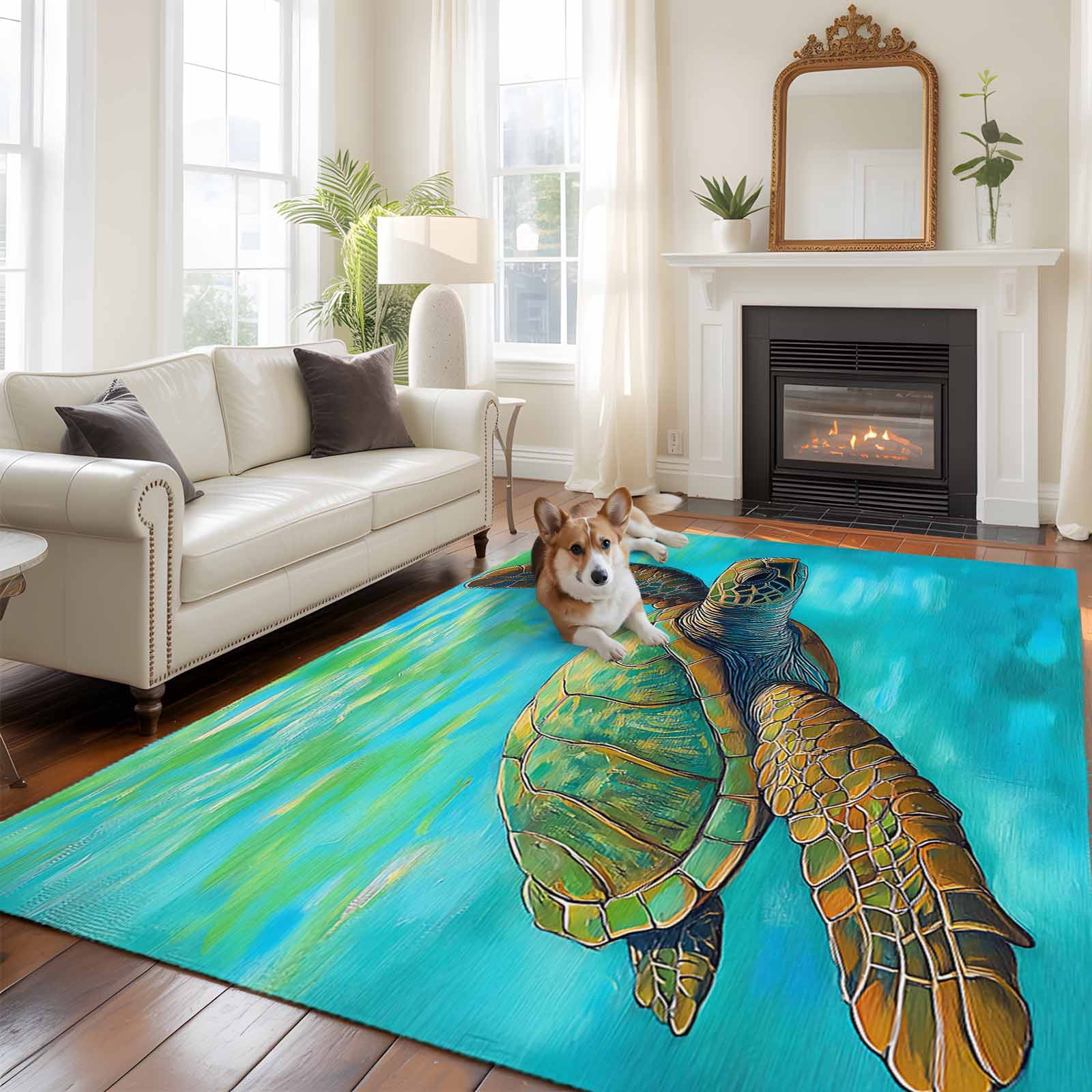 Turtle School Rug 5'x8' Area Rugs, Sea Turtle Coastal Indoor Outdoor Area Rug for Living ...