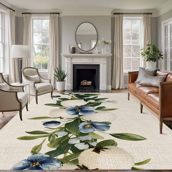 5'x8' Area Rugs, Spring Floral Indoor Outdoor Area Rug for Living Room Bedroom, Botanical Green Blue Summer Floral Washable Bathroom Rugs Kitchen Floor Carpet Mats Home Decor Aesthetic