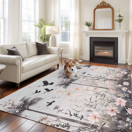5'x8' Area Rugs, Spring Floral Indoor Outdoor Area Rug for Living Room Bedroom, Watercolor Birds Palm Tree Botanical Washable Bathroom Rugs Kitchen Floor Carpet Mats Home Decor Aesthetic