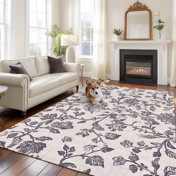 5'x8' Area Rugs, Spring Flowers Indoor Outdoor Area Rug for Living Room Bedroom, Farmhouse Purple Pastoral Floral Leaf Washable Bathroom Rugs Kitchen Floor Carpet Mats Home Decor Aesthetic