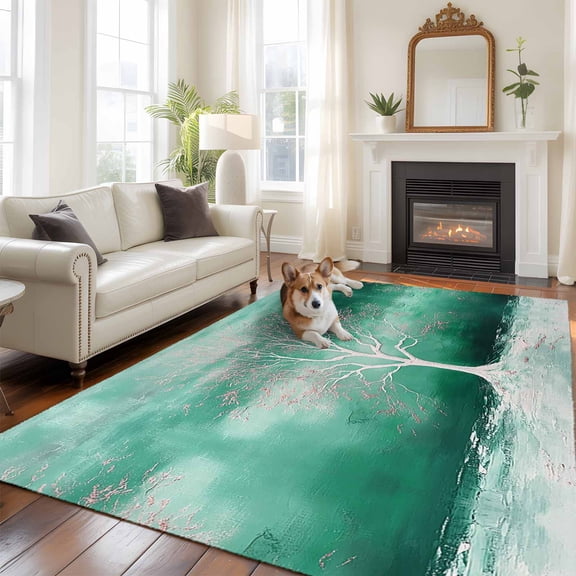 5'x8' Area Rugs, Spring Green Tree Indoor Outdoor Area Rug for Living Room Bedroom, Botanical Plants Impressionist Painting Washable Bathroom Rugs Kitchen Floor Carpet Mats Home Decor Aesthetic