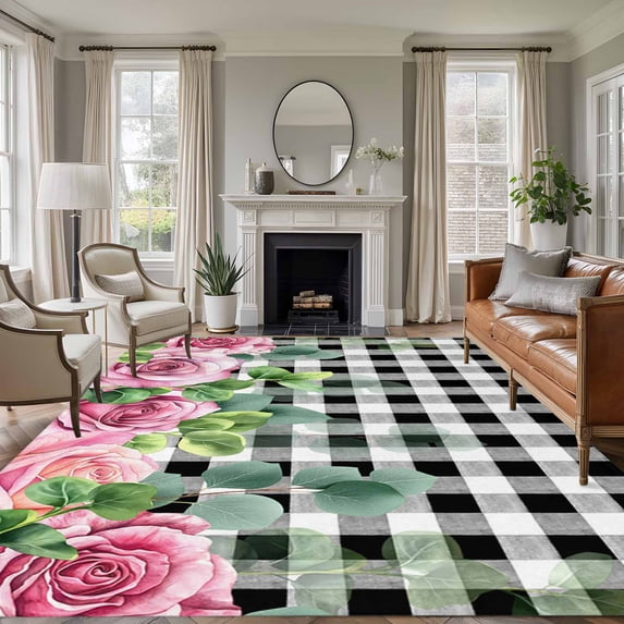 5'x8' Area Rugs, Spring Pink Roses Indoor Outdoor Area Rug for Living Room Bedroom, Pastoral Eucalyptus Black White Plaid Washable Bathroom Rugs Kitchen Floor Carpet Mats Home Decor Aesthetic