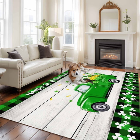5'x8' Area Rugs, St. Patrick's Day Indoor Outdoor Area Rug for Living Room Bedroom, Spring Dogs Grass Truck Plaid Wood Washable Bathroom Rugs Kitchen Floor Carpet Mats Home Decor Aesthetic