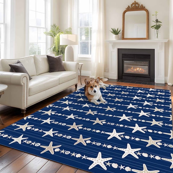 5'x8' Area Rugs, Starfish Navy Indoor Outdoor Area Rug for Living Room Bedroom, Blue Coastal Ocean Summer Sea Beach Washable Bathroom Rugs Kitchen Floor Carpet Mats Home Decor Aesthetic