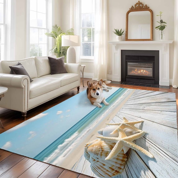 5'x8' Area Rugs, Summer Beach Indoor Outdoor Area Rug for Living Room Bedroom, Ocean Coastal Starfish Seashells Blue Sky Washable Bathroom Rugs Kitchen Floor Carpet Mats Home Decor Aesthetic