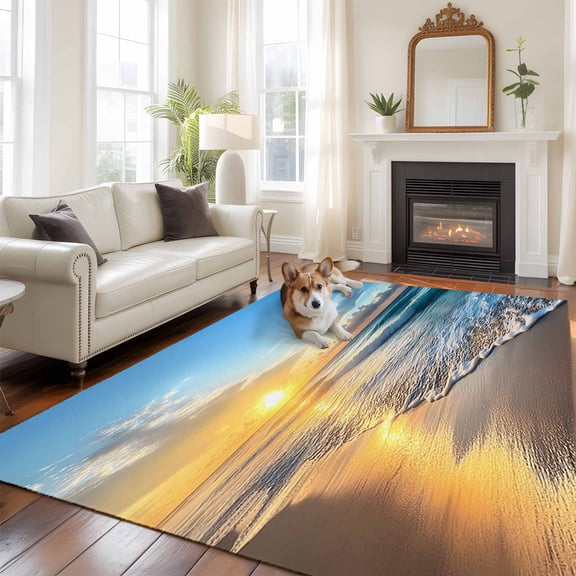 5'x8' Area Rugs, Summer Beach Indoor Outdoor Area Rug for Living Room Bedroom, Sunset Ocean Coastal Nautical Washable Bathroom Rugs Kitchen Floor Carpet Mats Home Decor Aesthetic