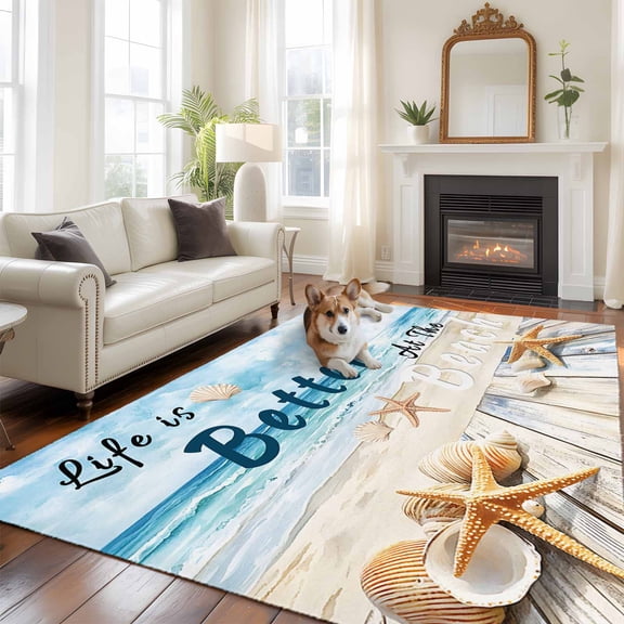 5'x8' Area Rugs, Summer Coastal Beach Indoor Outdoor Area Rug for Living Room Bedroom, Ocean Wave Starfish Shell Washable Bathroom Rugs Kitchen Floor Carpet Mats Home Decor Aesthetic