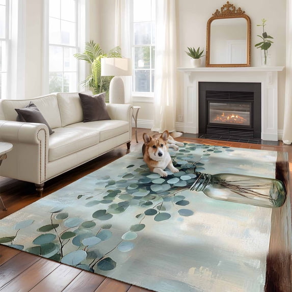 5'x8' Area Rugs, Summer Eucalyptus Indoor Outdoor Area Rug for Living Room Bedroom, Spring Leaves Botanical Floral Washable Bathroom Rugs Kitchen Floor Carpet Mats Home Decor Aesthetic