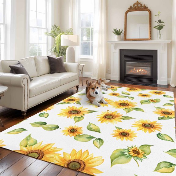 5'x8' Area Rugs, Summer Sunflowers Indoor Outdoor Area Rug for Living Room Bedroom, Watercolor Botanical Floral Leaves Washable Bathroom Rugs Kitchen Floor Carpet Mats Home Decor Aesthetic