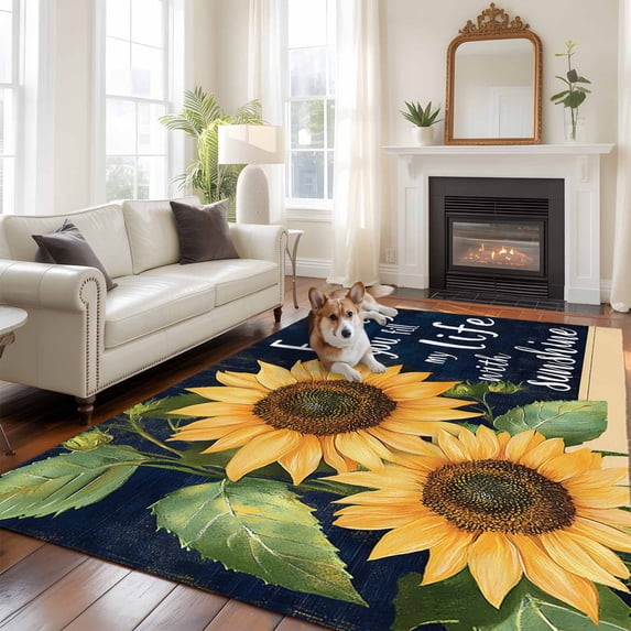 5'x8' Area Rugs, Sunflower Black Indoor Outdoor Area Rug for Living Room Bedroom, Vintage Yellow Floral Botanical Plant Washable Bathroom Rugs Kitchen Floor Carpet Mats Home Decor Aesthetic