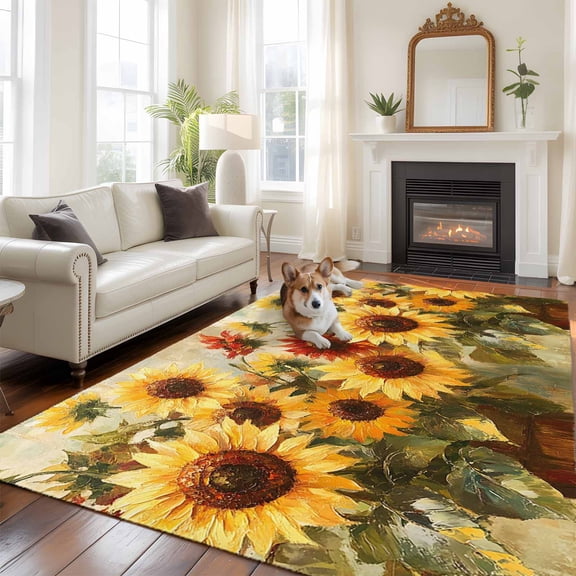 5'x8' Area Rugs, Sunflower Indoor Outdoor Area Rug for Living Room Bedroom, Abstract Oil Painting Floral Leaf Plant Washable Bathroom Rugs Kitchen Floor Carpet Mats Home Decor Aesthetic