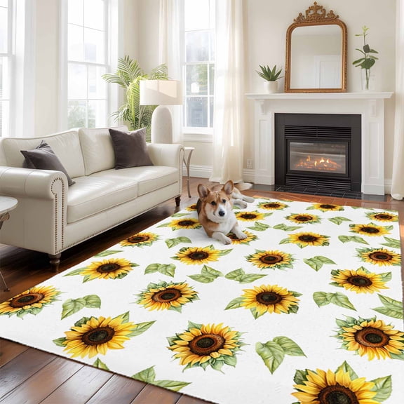 5'x8' Area Rugs, Sunflower Indoor Outdoor Area Rug for Living Room Bedroom, Yellow Green Botanical Farm Plant Leaves Washable Bathroom Rugs Kitchen Floor Carpet Mats Home Decor Aesthetic
